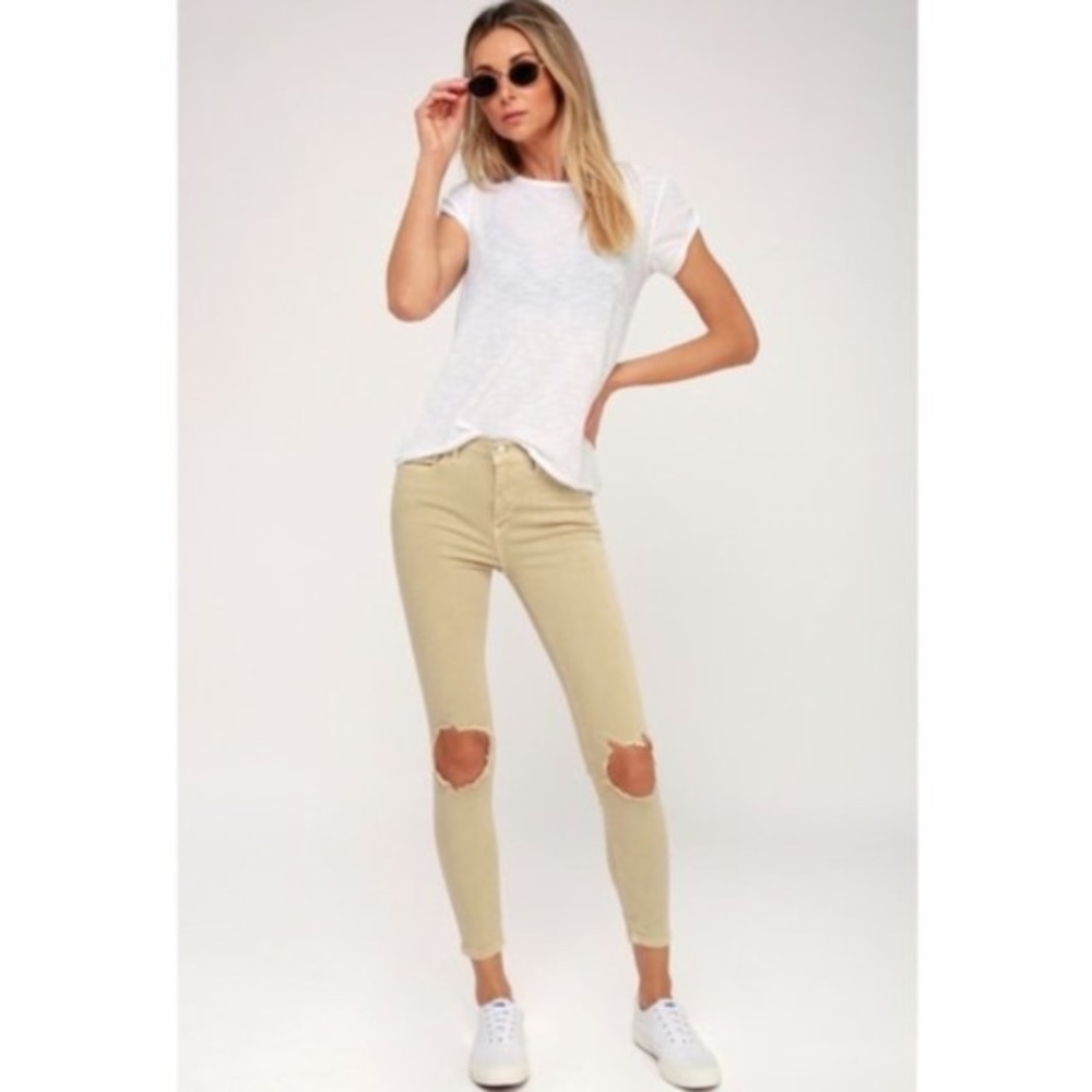 Free People Khaki Tan Ripped Distressed Knee Denim Skinny Jeans Size 29